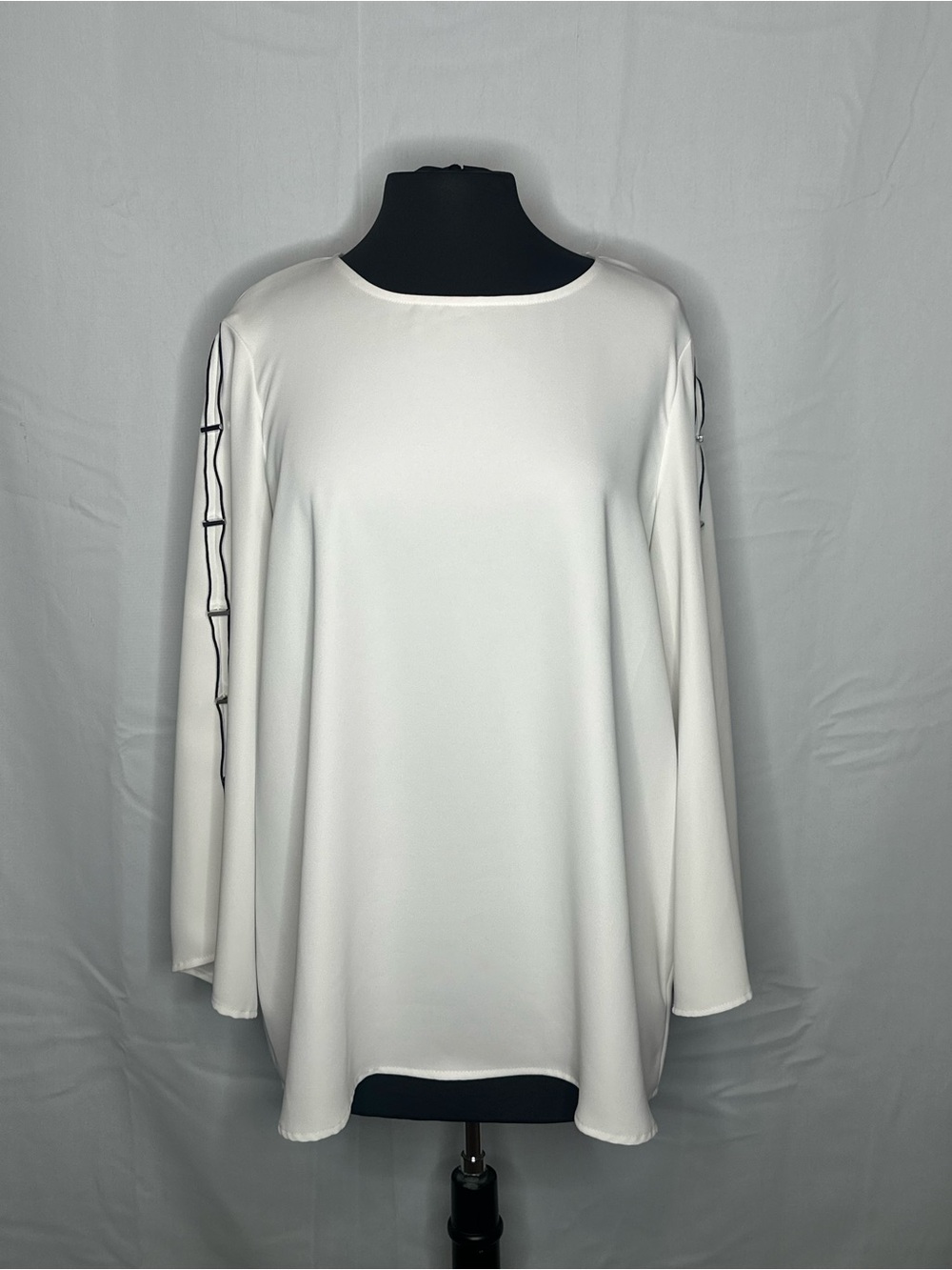 Alfani White Split Sleeve Blouse Silver Bar Hardware Black Piping Tunic Sz Large
